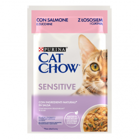 Пауч Purina Cat Chow Sensitive - хапки в сос със сьомга и тиква, за чувствителна храносмилателна система, 85 гр.